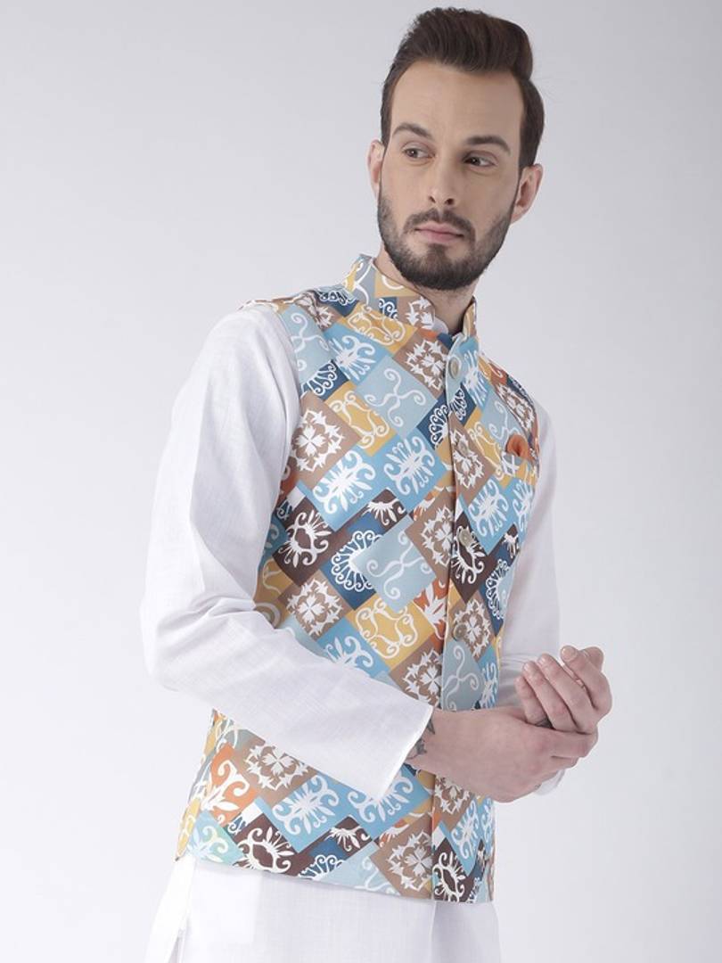 Men's Multicoloured 
Cotton Blend
 Printed Nehru Jackets